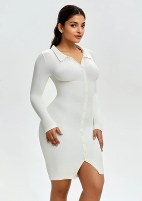 Rochie Modelatoare Versatila Model Camasa Office, Retro, Casual Cu Maneci Lungi ,Care Ofera si o Compresie Bunicica , Culoare Alb - Img 3