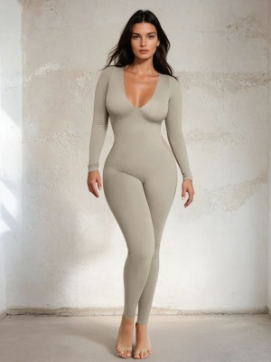 Salopeta Modelatoare Full Body Gri, Decolteu Adanc, Control Abdomen, Maneci Lungi, Picior Lung, Fara Cusaturi, Compresie 360° pentru Silueta Sculptata - Img 2