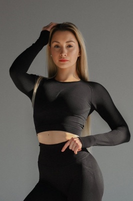 Set Negru din Două Piese cu Top și Colanți, Design Seamless, Efect Push-up Evidențierea Siluetei, Inclusiv Bluza cu Mâneci Lungi - Img 4