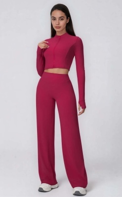 Set Sport Dama Rosu Inchis, Hanorac Cu Fermoar Si Pantaloni Evazati Largi, Compleu Fitness Yoga Alergare Sau Tinute Casual De Zi