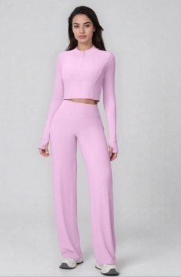 Set Sport Dama Roz Deschis, Hanorac Cu Fermoar Si Pantaloni Evazati Largi, Compleu Fitness Yoga Alergare Sau Tinute Casual De Zi
