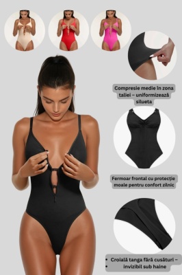 Body Modelator Femei Negru, Roz ,Rosu sau Crem , Cu Fermoar și Bretele Reglabile, Talie Subțiată, G-Slab, Spate Gol, Lenjerie Modelatoare Tip Tanga