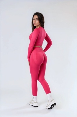 Set Albastru Roz din Două Piese cu Top și Colanți, Design Seamless, Efect Push-up Evidențierea Siluetei, Inclusiv Bluza cu Mâneci Lungi