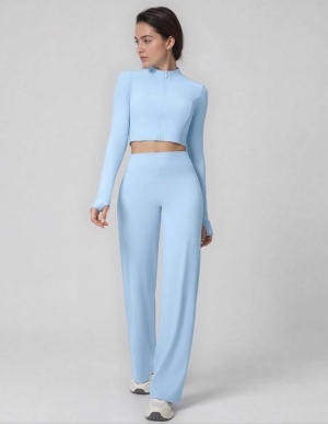 Set Sport Dama Albastru Deschis, Hanorac Cu Fermoar Si Pantaloni Evazati Largi, Compleu Fitness Yoga Alergare Sau Tinute Casual De Zi - Img 1