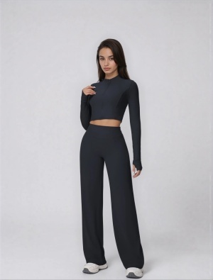 Set Sport Dama Negru, Hanorac Cu Fermoar Si Pantaloni Evazati Largi, Compleu Fitness Yoga Alergare Sau Tinute Casual De Zi - Img 5