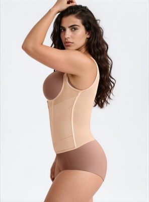 Vestă Modelatoare cu Fermoar și Capse, 7 Atele din Oțel, Benzi Elastice pe Abdomen, Bretele Late Reglabile, Nude - Img 7