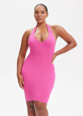 Rochie Mini Modelatoare Cu Decolteu, Rochie Scurta Ptr Aplatizarea Abdomenului, Accentuaza Formele , Culoare Roz / Pink - Img 3