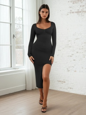 Rochie Modelatoare Neagra, Fara Cusaturi, Sustinere Bust, Control Abdomen, Crapatura Eleganta, Design Slim Fit, Material Elastic si Confortabil, Contureaza Silueta Perfect - Img 2