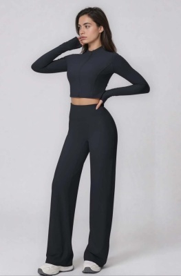 Set Sport Dama Negru, Hanorac Cu Fermoar Si Pantaloni Evazati Largi, Compleu Fitness Yoga Alergare Sau Tinute Casual De Zi