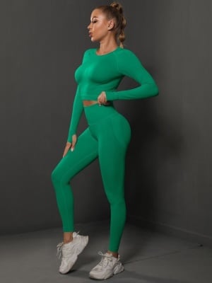 Set Verde din Două Piese cu Top și Colanți, Design Seamless, Efect Push-up Evidențierea Siluetei, Inclusiv Bluza cu Mâneci Lungi - Img 1