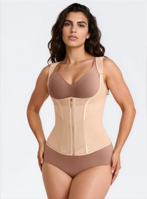 Vestă Modelatoare cu Fermoar și Capse, 7 Atele din Oțel, Benzi Elastice pe Abdomen, Bretele Late Reglabile, Nude - Img 4