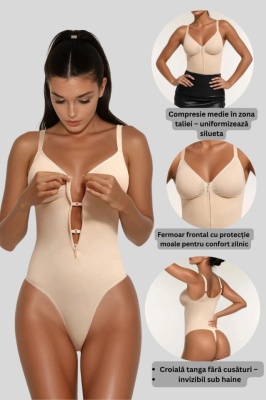 Body Modelator Femei Crem - Bej , Controlul Taliei , Cu Fermoar și Bretele Reglabile, Talie Subțiată, G-Slab, Spate Gol, Lenjerie Modelatoare Tip Tanga