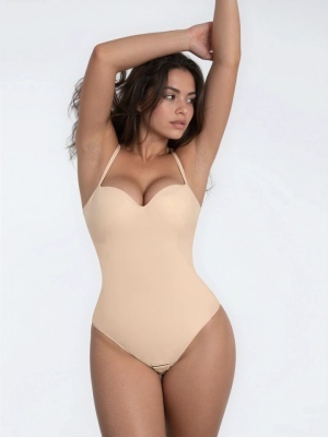 Body Tanga Modelator Dintr-o Singură Bucată, Tip Tanga cu Cupe Căptușite, Bretele Reglabile Detașabile, Talie Modelatoare, Nude / Bej - Img 5
