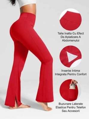 Colanti Evazati Pentru Femei, Talie Inalta, Modelatori Cu Buzunare Laterale, Perfecti Pentru Sala, Yoga, Fitness, Alergare Sau Tinute Casual De Zi, Rosu - Img 4