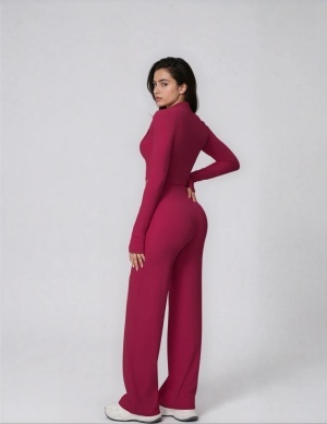 Set Sport Dama Rosu Inchis, Hanorac Cu Fermoar Si Pantaloni Evazati Largi, Compleu Fitness Yoga Alergare Sau Tinute Casual De Zi - Img 3