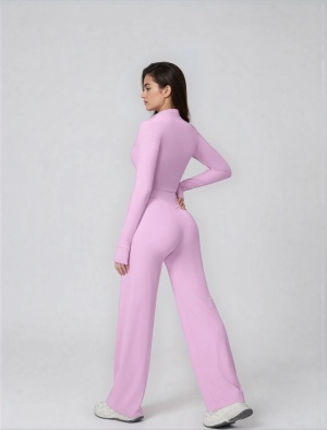 Set Sport Dama Roz Deschis, Hanorac Cu Fermoar Si Pantaloni Evazati Largi, Compleu Fitness Yoga Alergare Sau Tinute Casual De Zi - Img 3