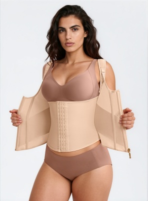 Vestă Modelatoare cu Fermoar și Capse, 7 Atele din Oțel, Benzi Elastice pe Abdomen, Bretele Late Reglabile, Nude - Img 2