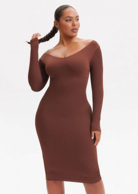 Rochie Modelatoare Cu Maneci lungi , Compresie Medie Ptr Aplatizarea Abdomenului, Accentuaza Formele , Culoare Maro - Img 4