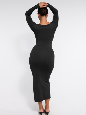 Rochie Modelatoare Neagra, Fara Cusaturi, Sustinere Bust, Control Abdomen, Crapatura Eleganta, Design Slim Fit, Material Elastic si Confortabil, Contureaza Silueta Perfect - Img 4