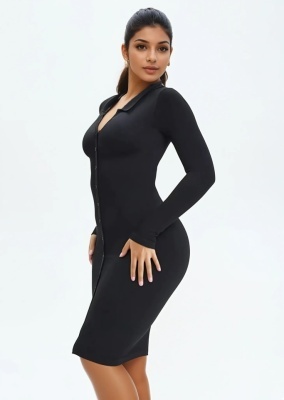 Rochie Modelatoare Versatila Model Camasa Office, Retro, Casual Cu Maneci Lungi ,Care Ofera si o Compresie Bunicica , Culoare Negru - Img 2