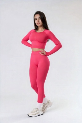 Set Albastru Roz din Două Piese cu Top și Colanți, Design Seamless, Efect Push-up Evidențierea Siluetei, Inclusiv Bluza cu Mâneci Lungi - Img 4