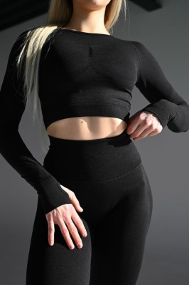 Set Negru din Două Piese cu Top și Colanți, Design Seamless, Efect Push-up Evidențierea Siluetei, Inclusiv Bluza cu Mâneci Lungi - Img 1