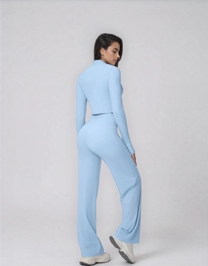 Set Sport Dama Albastru Deschis, Hanorac Cu Fermoar Si Pantaloni Evazati Largi, Compleu Fitness Yoga Alergare Sau Tinute Casual De Zi - Img 5