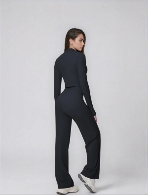 Set Sport Dama Negru, Hanorac Cu Fermoar Si Pantaloni Evazati Largi, Compleu Fitness Yoga Alergare Sau Tinute Casual De Zi - Img 6