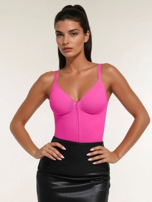 Body Modelator Femei Crem - Roz , Tummy Control, Cu Fermoar și Bretele Reglabile, Talie Subțiată, G-Slab, Spate Gol, Lenjerie Modelatoare Tip Tanga