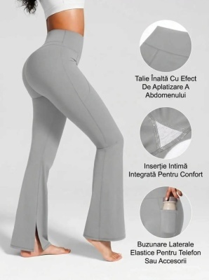 Colanti Evazati Pentru Femei, Talie Inalta, Modelatori Cu Buzunare Laterale, Perfecti Pentru Sala, Yoga, Fitness, Alergare Sau Tinute Casual Gri Deschis - Img 2
