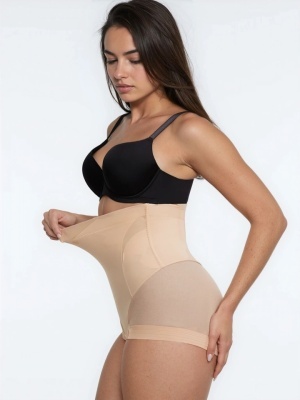 Lenjerie Modelatoare Nude / Bej cu Talie Inalta, Compresie Triplă, Cu Tije Metalice, Efect Ridicare Fese, Invizibilă Sub Rochii, Aplatizarea Abdomenului