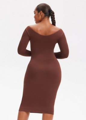 Rochie Modelatoare Cu Maneci lungi , Compresie Medie Ptr Aplatizarea Abdomenului, Accentuaza Formele , Culoare Maro - Img 5