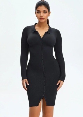 Rochie Modelatoare Versatila Model Camasa Office, Retro, Casual Cu Maneci Lungi ,Care Ofera si o Compresie Bunicica , Culoare Negru - Img 4