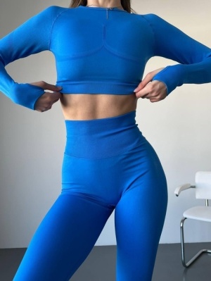 Set Albastru din Două Piese cu Top și Colanți, Design Seamless, Efect Push-up Evidențierea Siluetei, Inclusiv Bluza cu Mâneci Lungi - Img 6