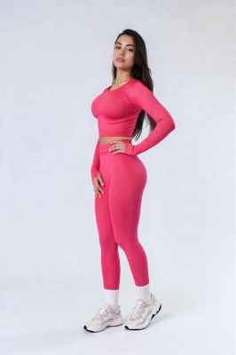 Set Albastru Roz din Două Piese cu Top și Colanți, Design Seamless, Efect Push-up Evidențierea Siluetei, Inclusiv Bluza cu Mâneci Lungi - Img 3
