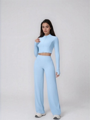 Set Sport Dama Albastru Deschis, Hanorac Cu Fermoar Si Pantaloni Evazati Largi, Compleu Fitness Yoga Alergare Sau Tinute Casual De Zi - Img 3