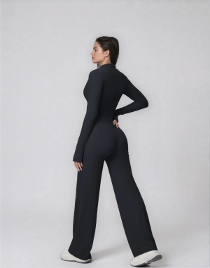 Set Sport Dama Negru, Hanorac Cu Fermoar Si Pantaloni Evazati Largi, Compleu Fitness Yoga Alergare Sau Tinute Casual De Zi - Img 3