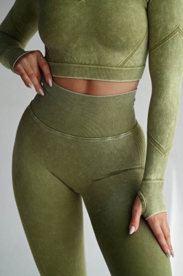 Set Sport Verde Măsliniu, Bluza Si Colanti, Cusatura Incretita, Contur Push-Up Pentru Evidentierea Feselor,Sculptarea Siluetei - Img 1