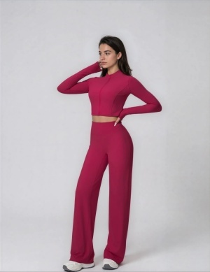 Set Sport Dama Rosu Inchis, Hanorac Cu Fermoar Si Pantaloni Evazati Largi, Compleu Fitness Yoga Alergare Sau Tinute Casual De Zi - Img 4