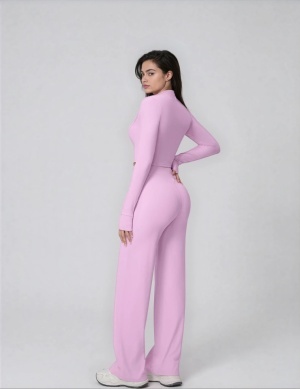Set Sport Dama Roz Deschis, Hanorac Cu Fermoar Si Pantaloni Evazati Largi, Compleu Fitness Yoga Alergare Sau Tinute Casual De Zi - Img 4