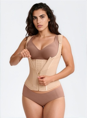 Vestă Modelatoare cu Fermoar și Capse, 7 Atele din Oțel, Benzi Elastice pe Abdomen, Bretele Late Reglabile, Nude - Img 3