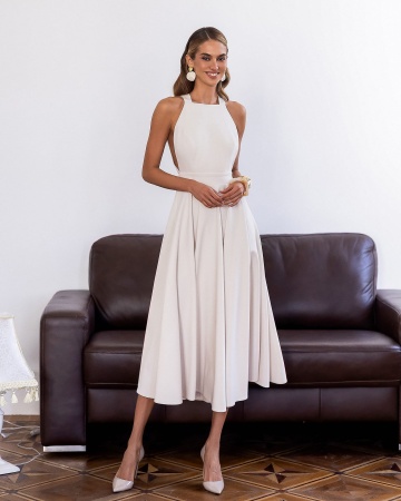 Rochie midi crem ivory Monroe cu plastron și cloș dens generos