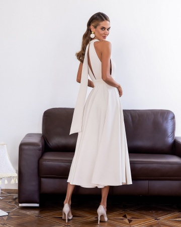 Rochie midi crem ivory Monroe cu panglici lungi fluide care se pierd în cloș