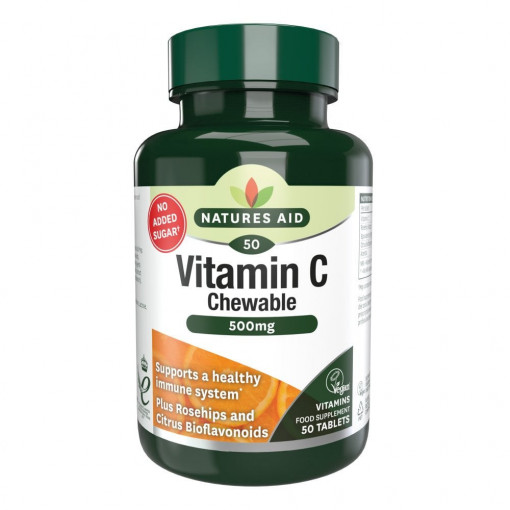 Витамин C с шипки, биофлавоноиди и ацерола (Vitamin C Chewable) 500мг 50 дъвчащи таблетки, Natures Aid