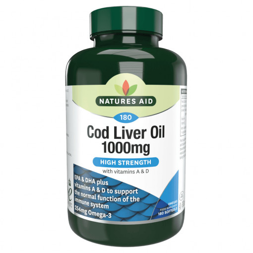 Масло от черен дроб на треска (Cod Liver Oil) 1000mg 180 меки капсули, Natures Aid