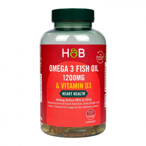 Омега 3 Рибено масло + Витамин Д3 (Omega 3 Fish Oil + D3) 1200mg 120 капсули, H&B