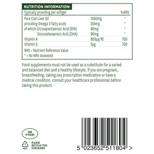 Масло от черен дроб на треска (Cod Liver Oil) 1000mg 180 меки капсули, Natures Aid - Img 3