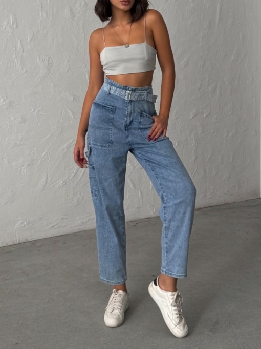 Blugi dama cu talie inalta cu accesoriu curea