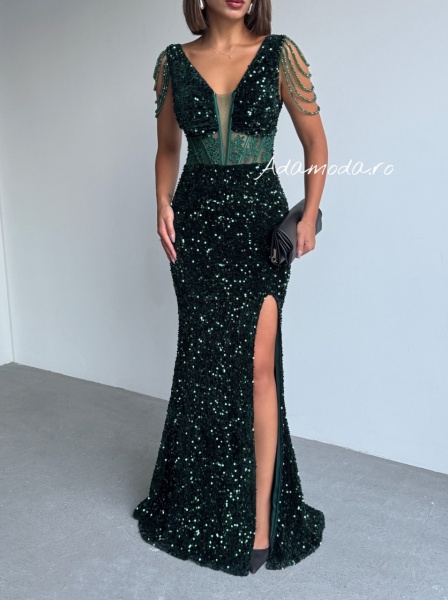 Rochie eleganta lunga cu paiete si lantisoare pe umeri