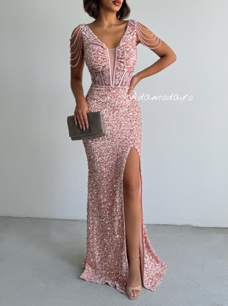 Rochie eleganta lunga cu paiete si lantisoare pe umeri